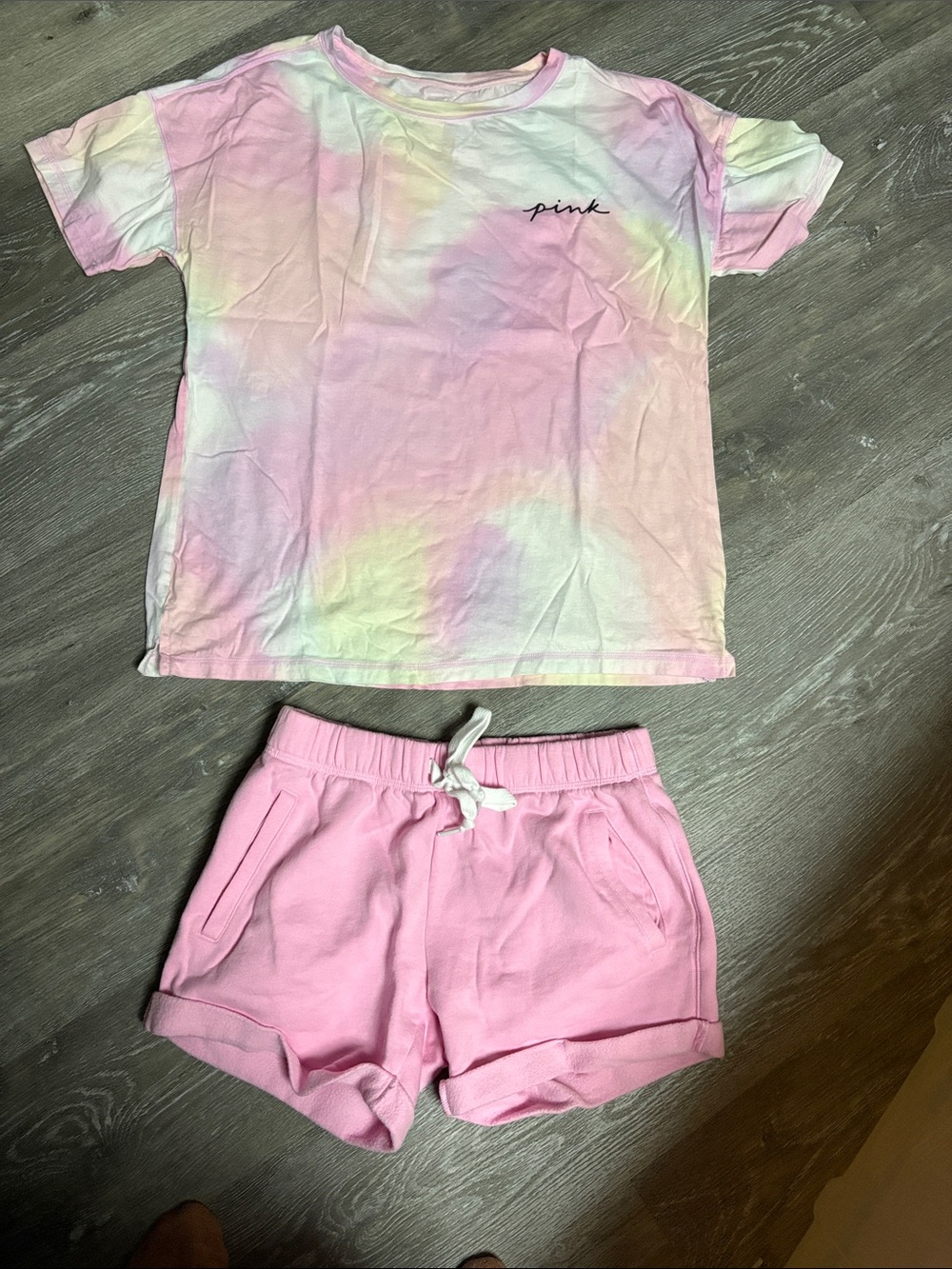 PINK Victoria's Secret Pastel Tie-Dye Short Sleeve Top & Pink Knit Shorts Set